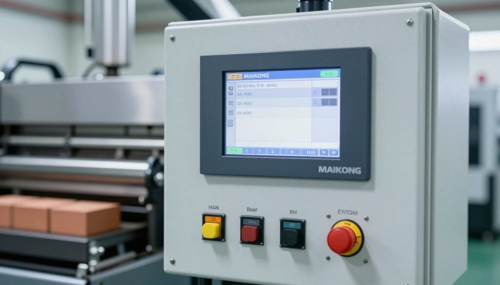 Close-up of MAIKONG automatic brick making machine control panel showing PLC system Close-up of MAIKONG automatic brick making machine control panel showing PLC system