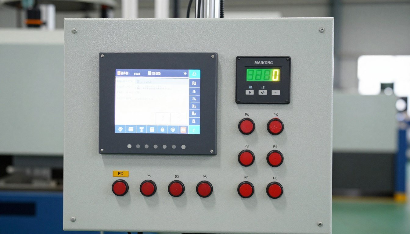 Close-up of PLC control panel on a cement brick machine Close-up of PLC control panel on a cement brick machine
