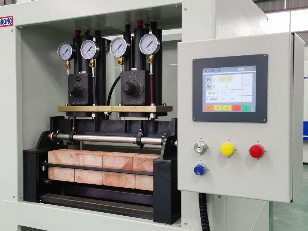Close-up view of the QT15-15 maxi brick making machine control panel and hydraulic system
