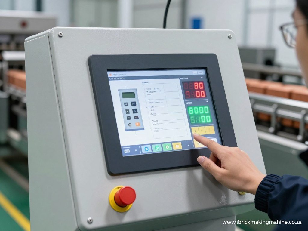 Control panel of an automatic brick production line showing PLC system interface