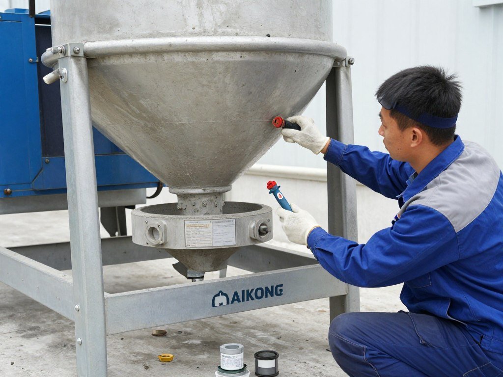 MAIKONG concrete mixer machine maintenance showing technician performing service on brick production equipment