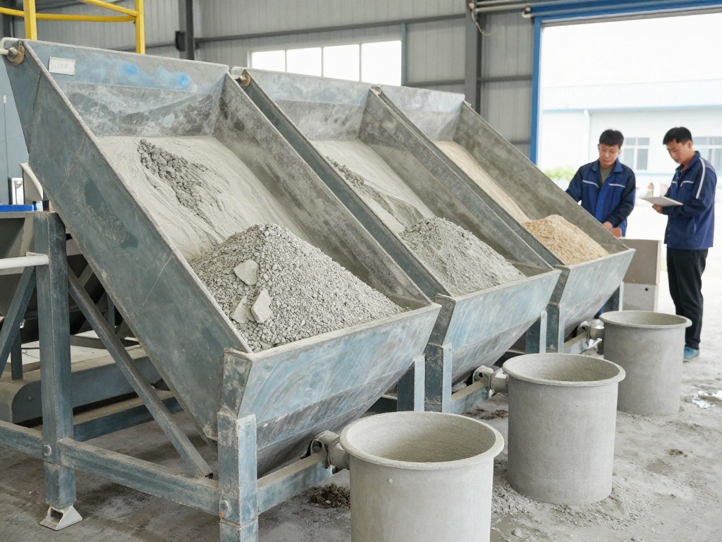 Raw material preparation for hydraulic concrete brick making showing batching system Raw material preparation for hydraulic concrete brick making showing batching system