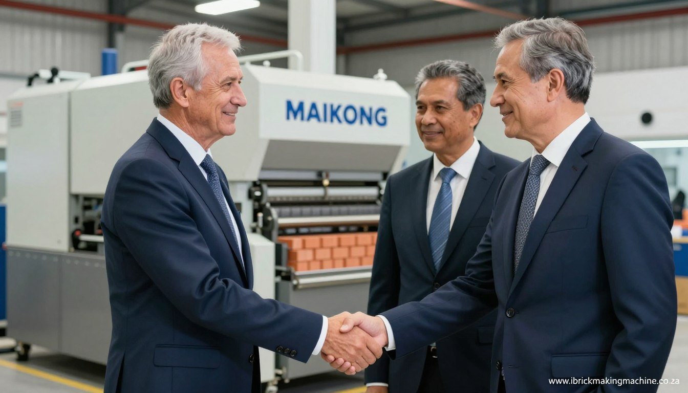 South African business partners shaking hands with MAIKONG representative with maxi brick making machines in background