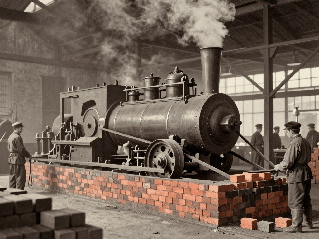 Steam-powered brick making machinery from the industrial era