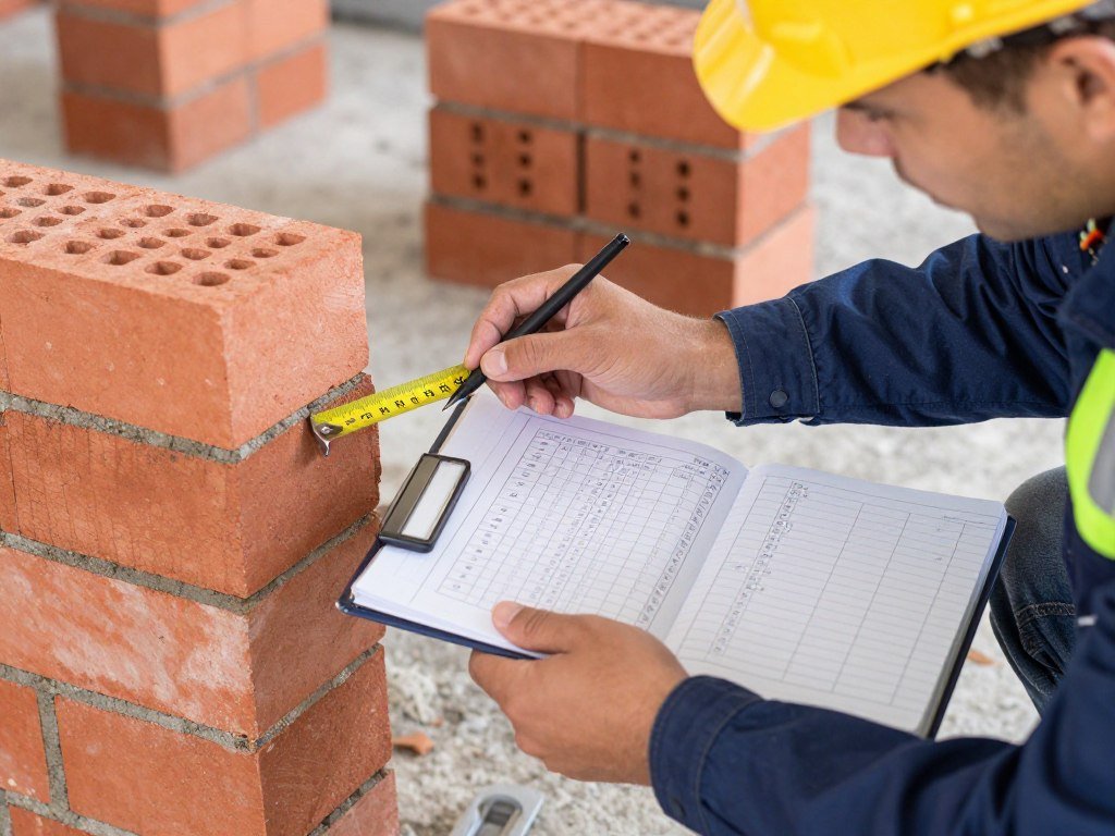 Construction worker calculating Stock Brick requirements for a wall project Construction worker calculating Stock Brick requirements for a wall project