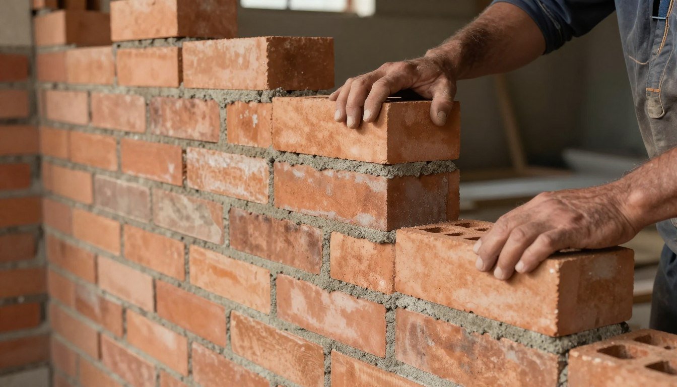 Stock Brick wall construction showing proper brick laying techniques and mortar joints Stock Brick wall construction showing proper brick laying techniques and mortar joints
