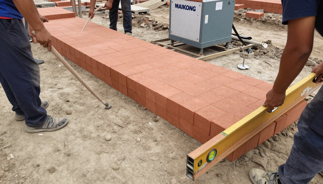 Workers preparing a level surface for egg layer brick machine operation