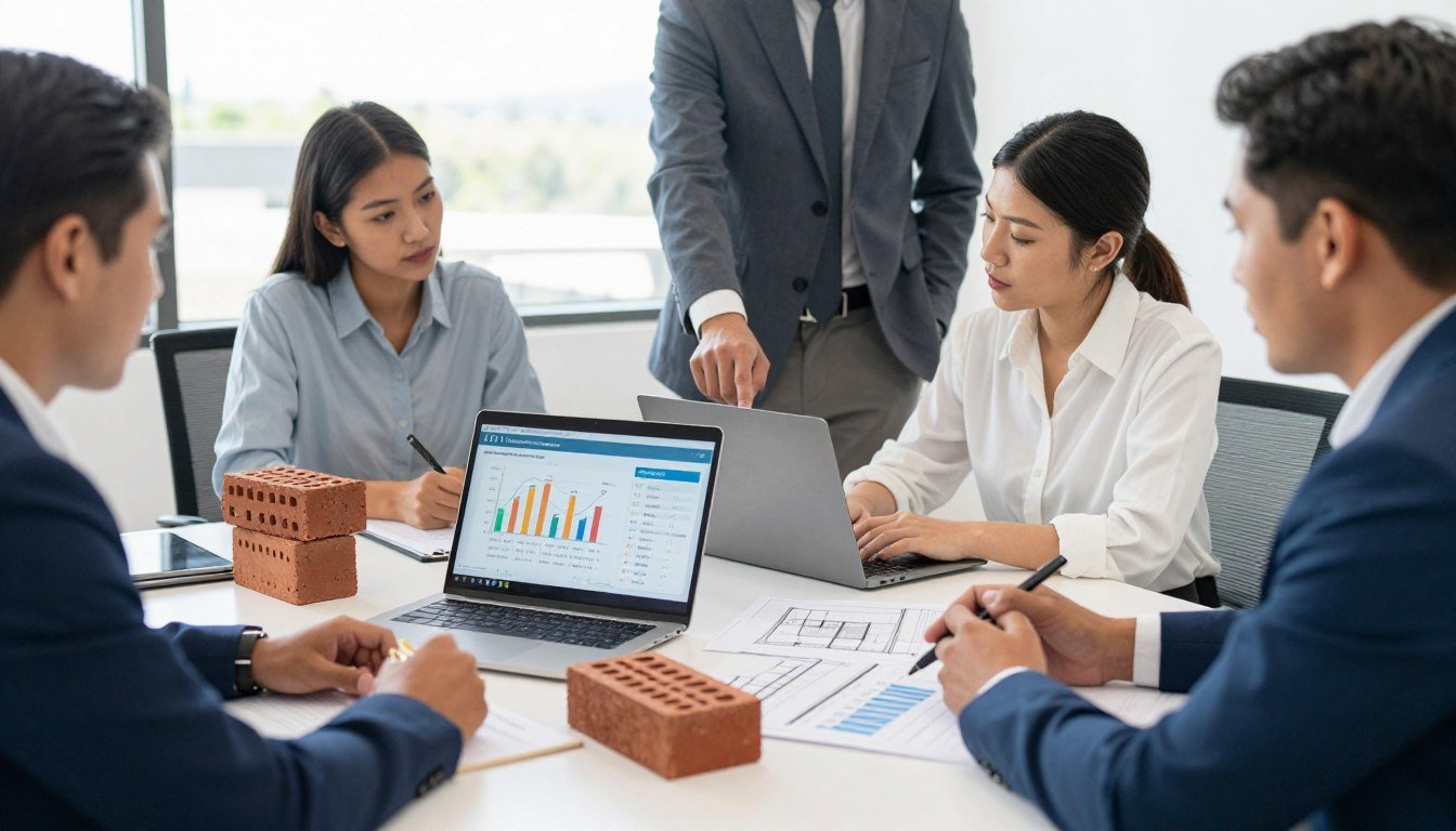 Brick production business planning meeting with market analysis charts
