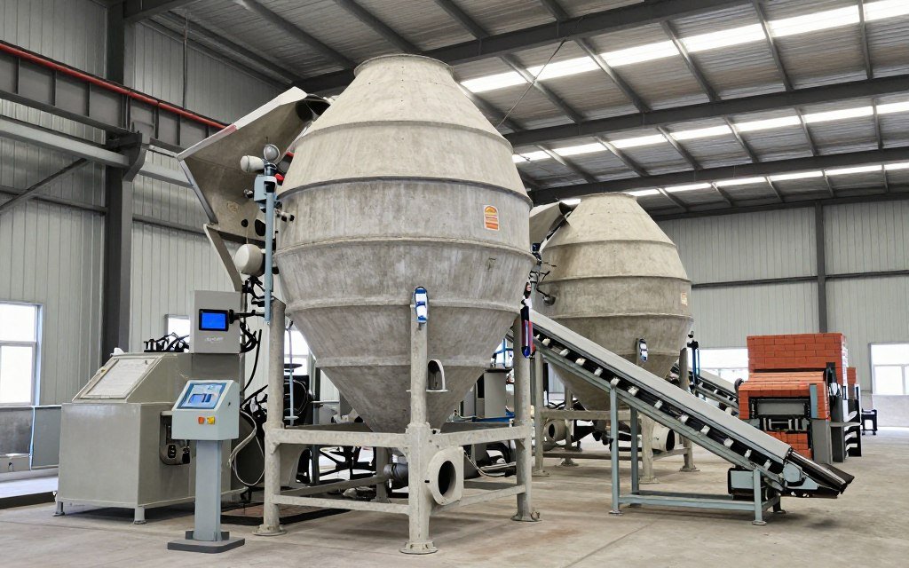 Concrete mixer and batching plant supporting brick production