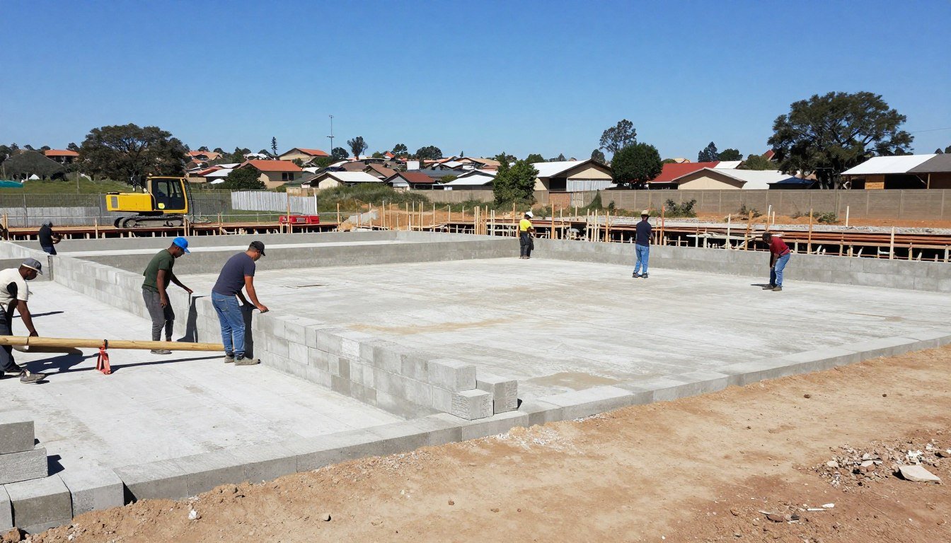 Construction site in South Africa using locally produced concrete blocks