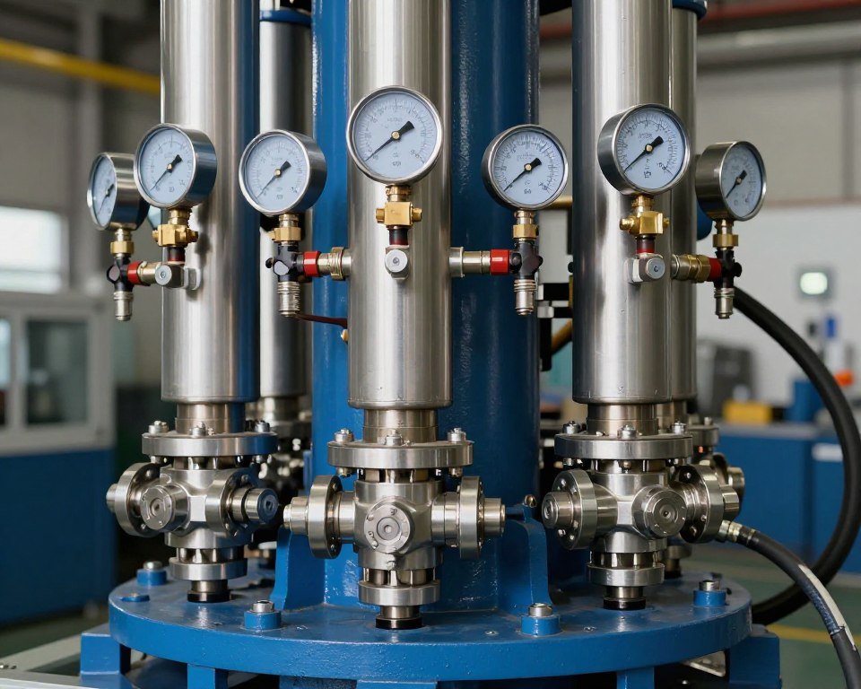 Hydraulic system closeup showing precision components in brick making machine