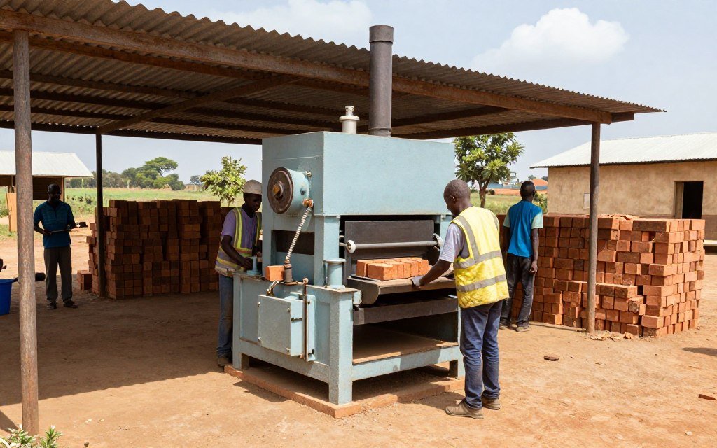 Semi-automatic brick machine operating in a rural South African setting