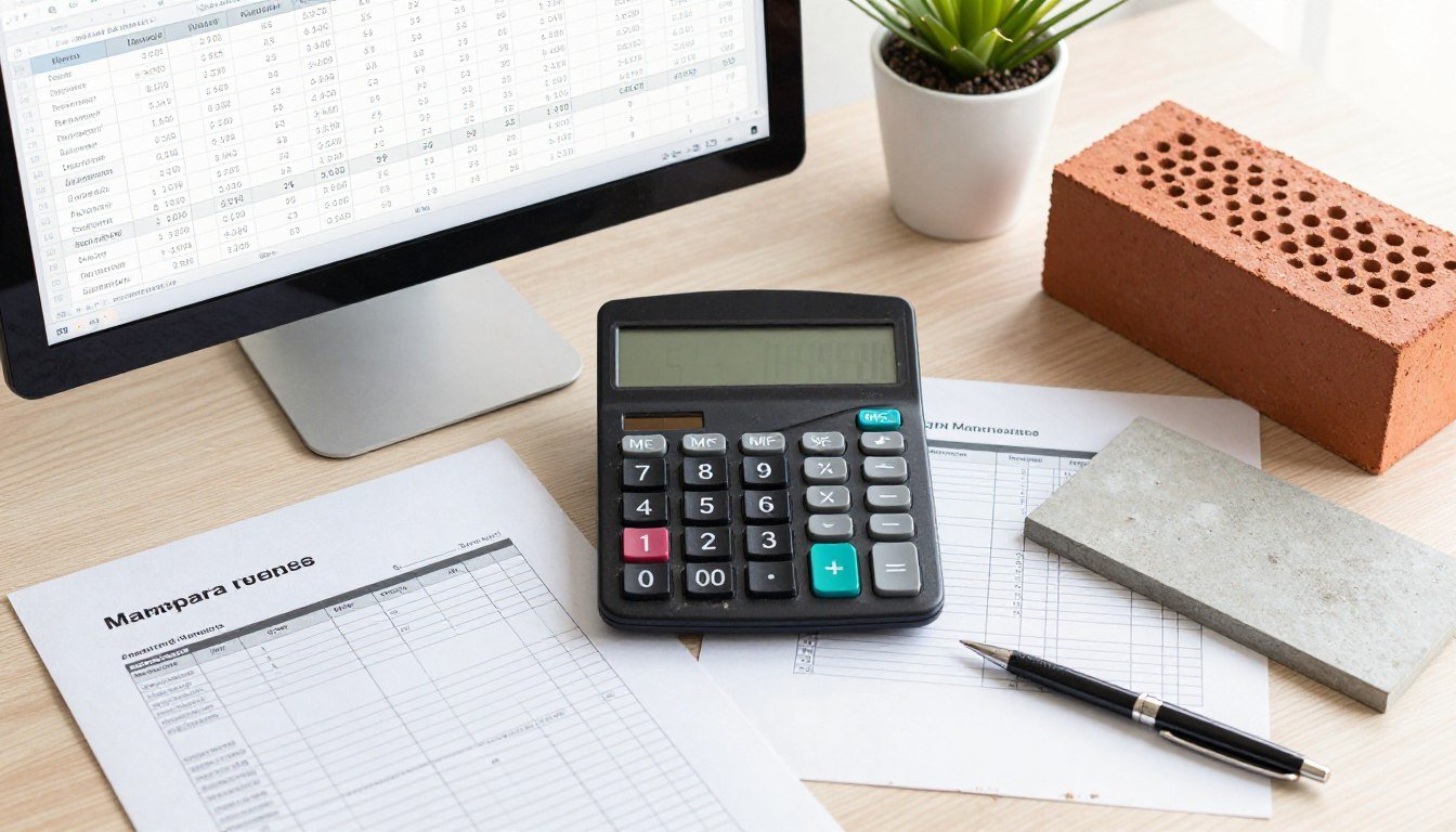Calculator and financial documents showing brick production cost analysis
