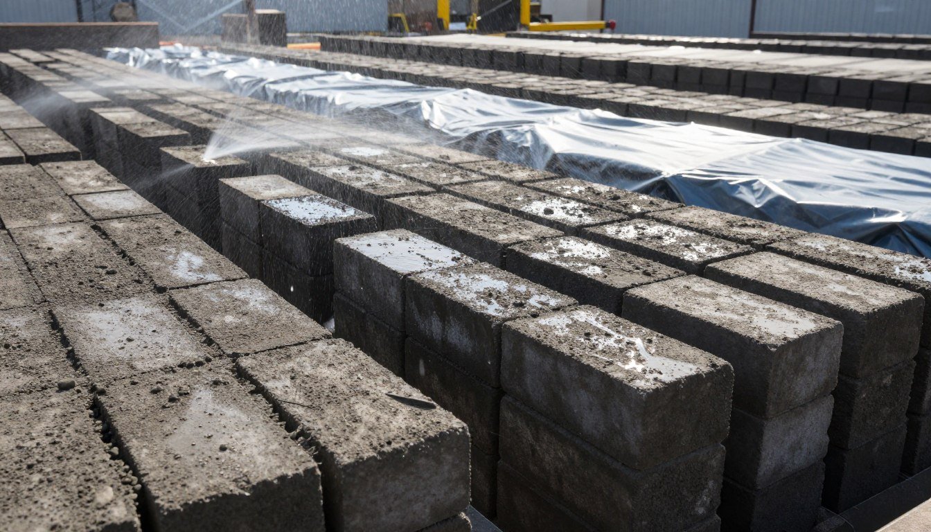 Cement bricks arranged in curing yard with water spray system and protective covering materials