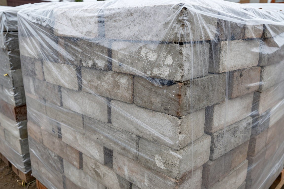 Cement bricks covered with plastic sheeting for moisture retention curing method