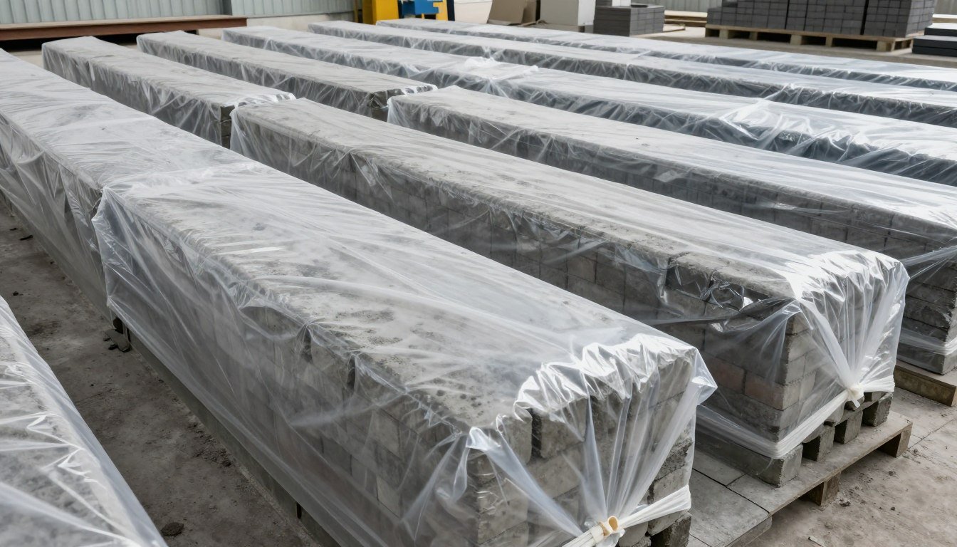 Cement bricks covered with plastic sheeting for moisture retention curing Cement bricks covered with plastic sheeting for moisture retention curing
