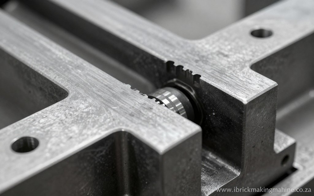 Close-up of interlocking brick mold showing precision engineering Close-up of interlocking brick mold showing precision engineering
