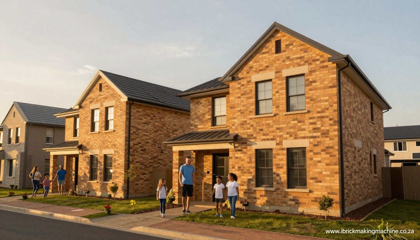 Completed South African housing project showcasing interlocking cement brick construction Completed South African housing project showcasing interlocking cement brick construction