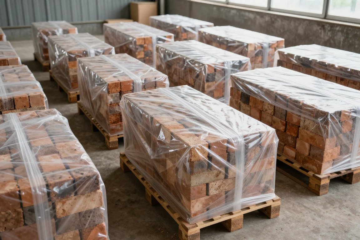 Curing area showing stacked Mampara bricks covered for proper hydration