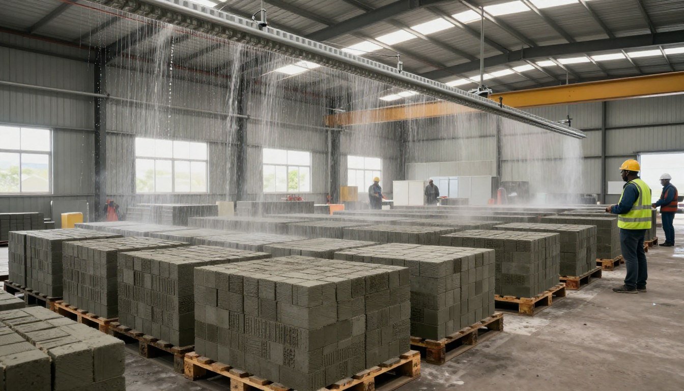 Curing cement brick production facility showing water sprinkler system