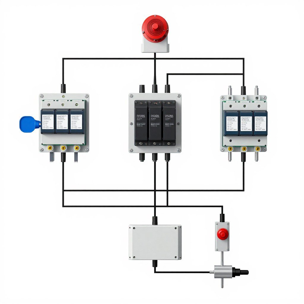 Emergency stop system wiring diagram showing triple redundancy