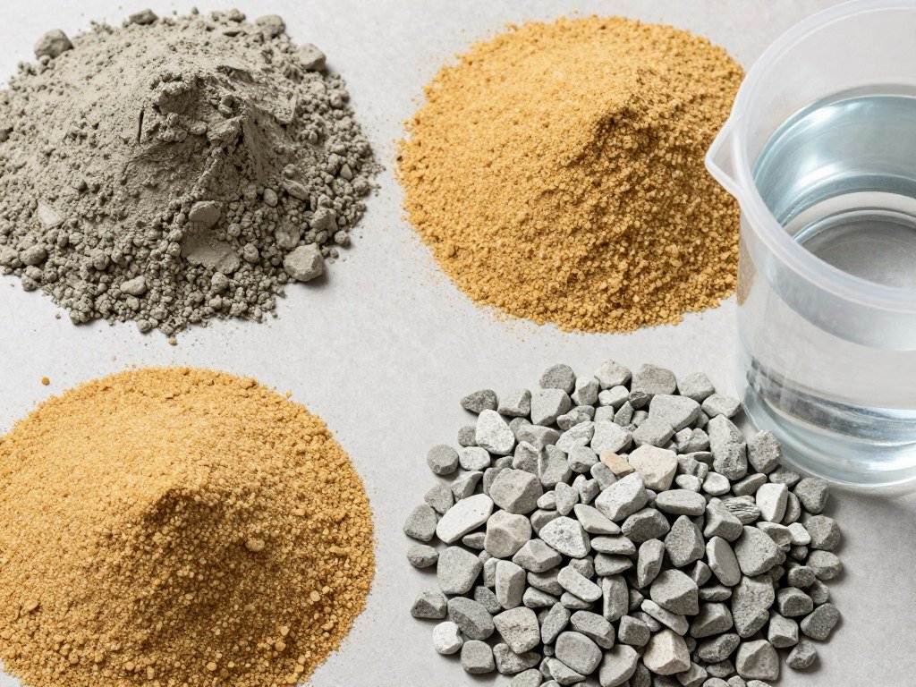 Four main ingredients for concrete brick production laid out separately