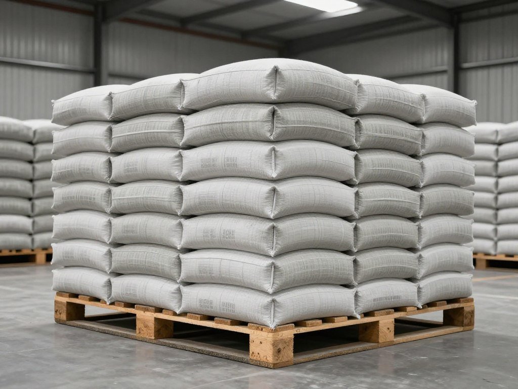 Fresh cement bags properly stored in dry warehouse conditions