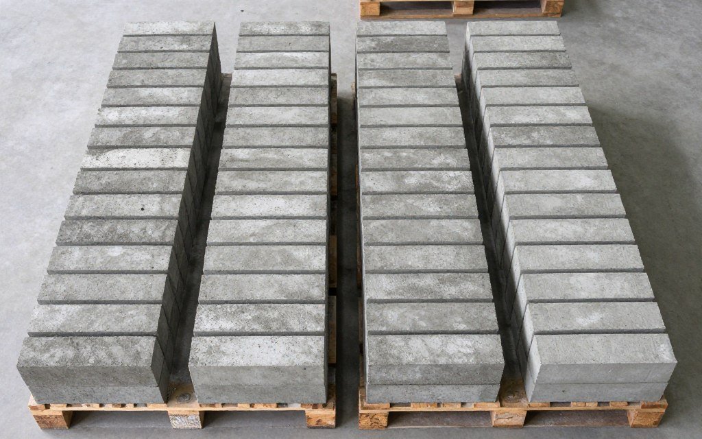 Freshly molded cement stock bricks on production pallets