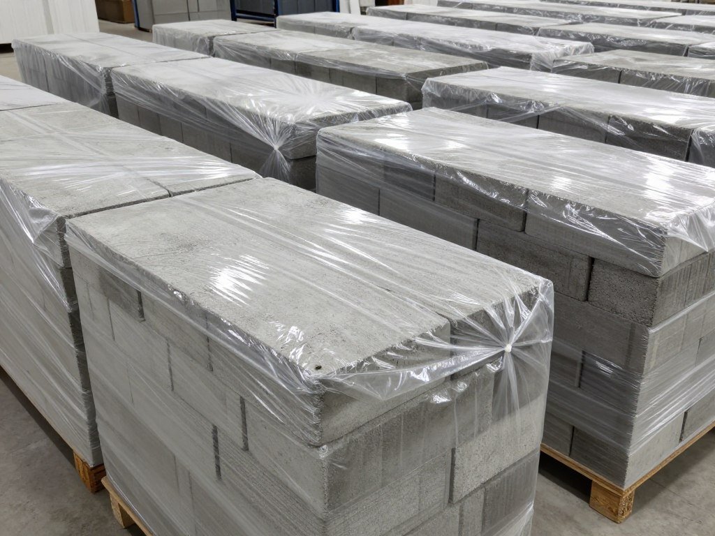 Freshly molded concrete bricks covered for proper curing