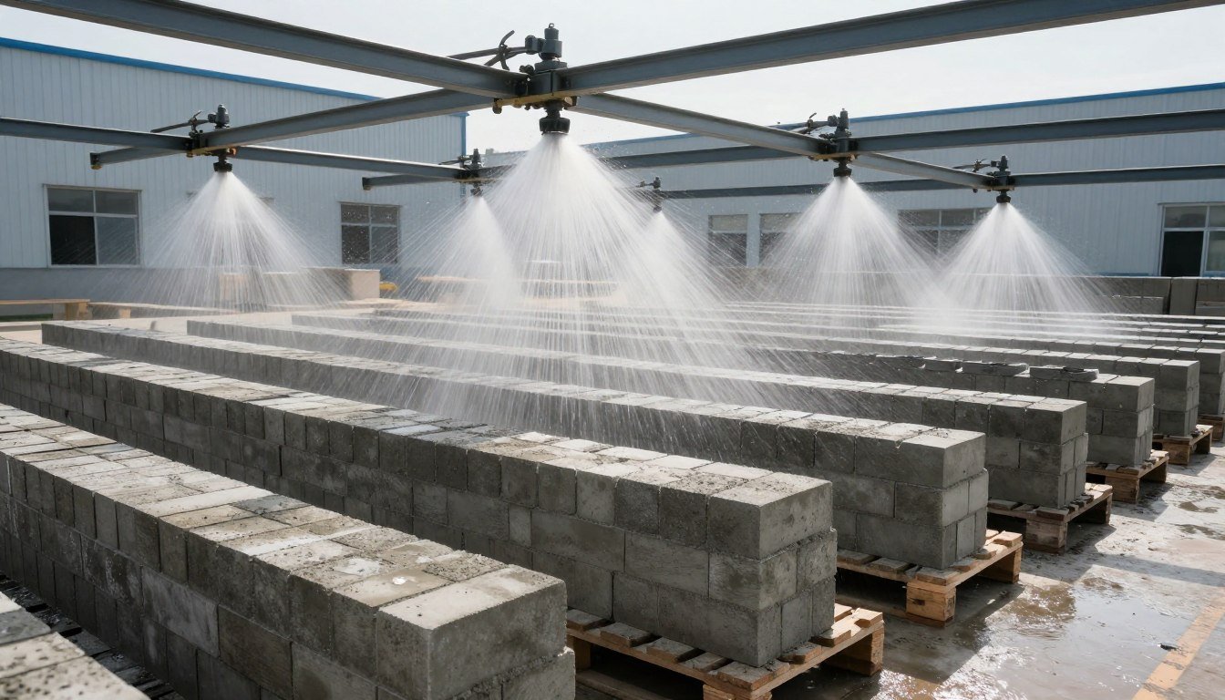 Industrial brick factory water sprinkler curing system in operation Industrial brick factory water sprinkler curing system in operation