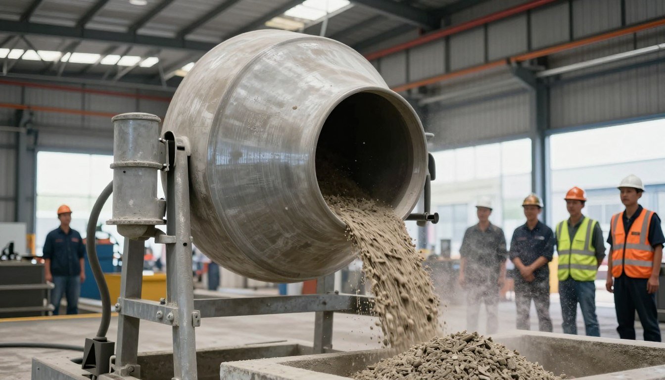 Industrial concrete mixer preparing Mampara brick mixture in production facility