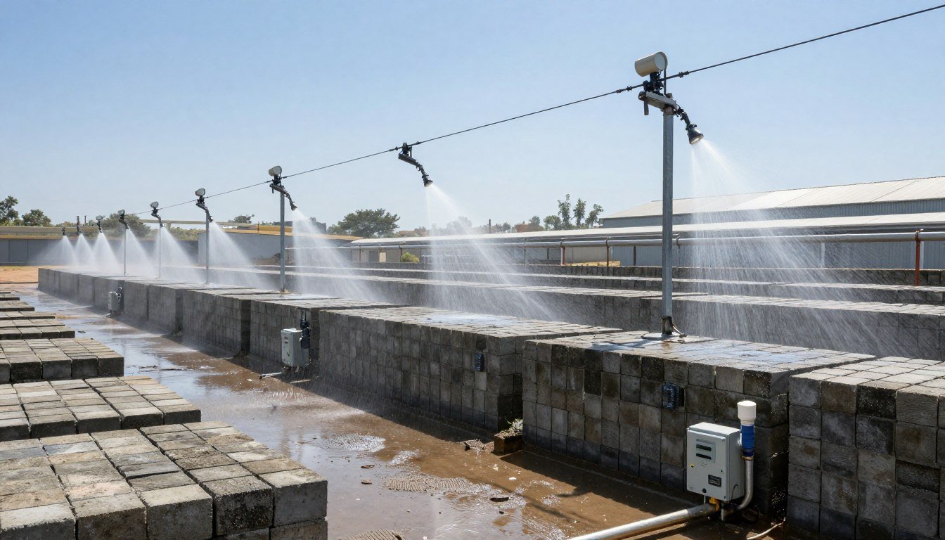 Industrial water curing system with automated sprinklers spraying cement bricks in South African brick factory