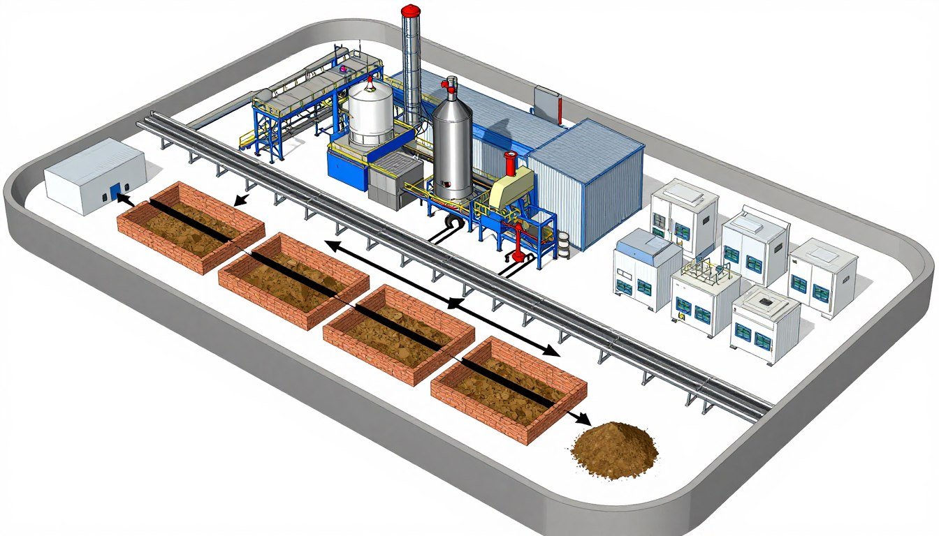 Integrated brick making and curing facility layout diagram Integrated brick making and curing facility layout diagram