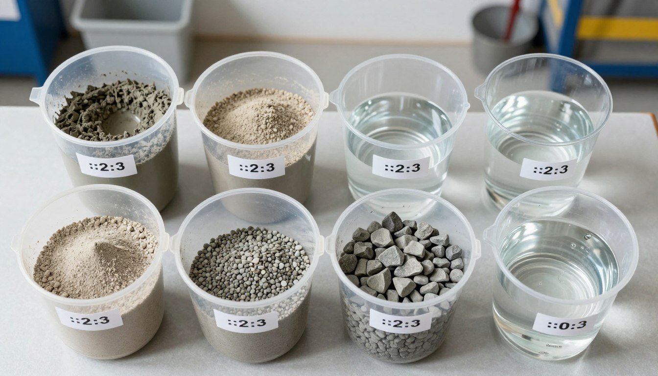 Measured ingredients for concrete brick mix in correct proportions