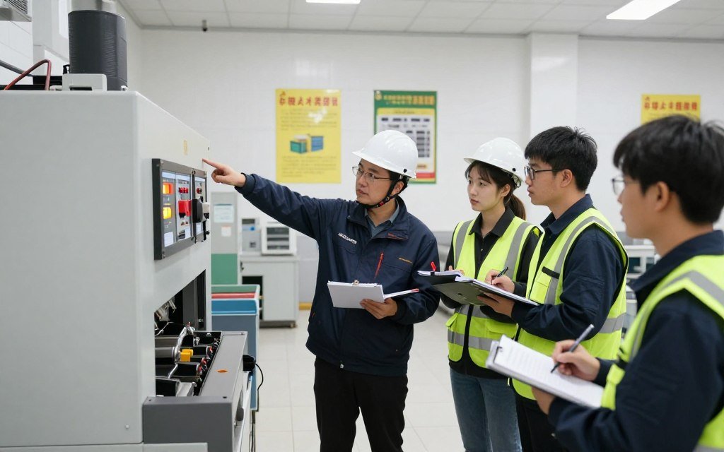 Operator training session with instructor demonstrating safety procedures