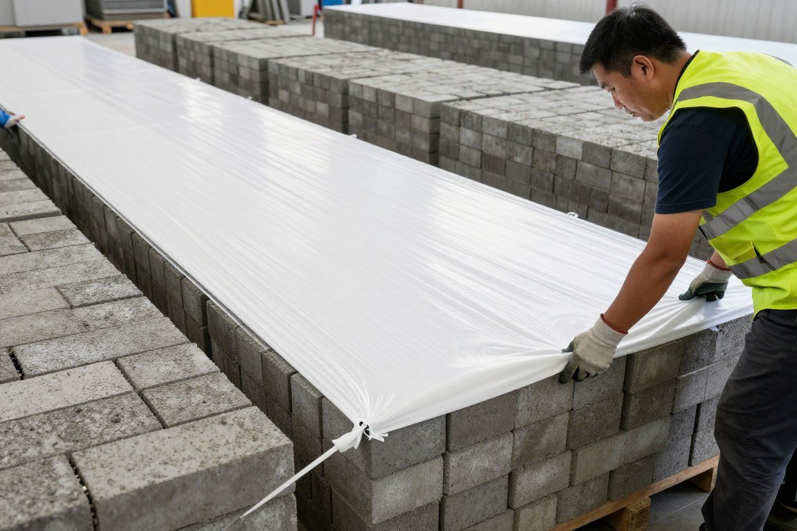 Proper plastic sheeting application over cement brick stacks