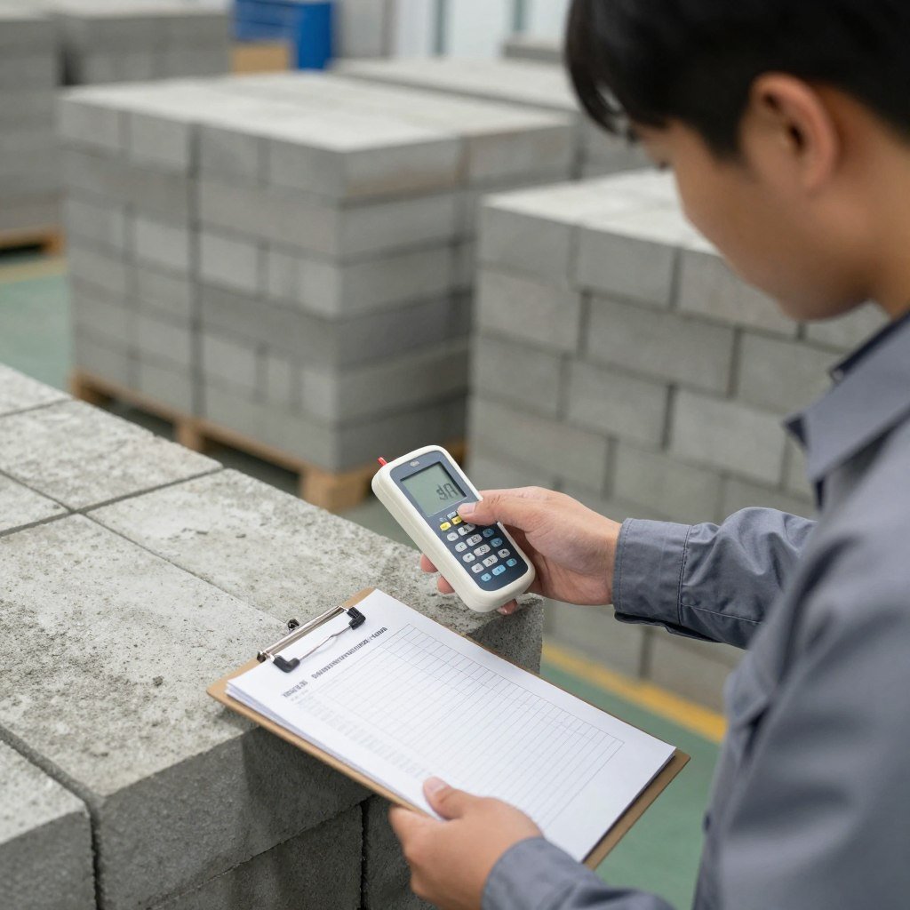 Quality control inspector checking cement brick moisture levels
