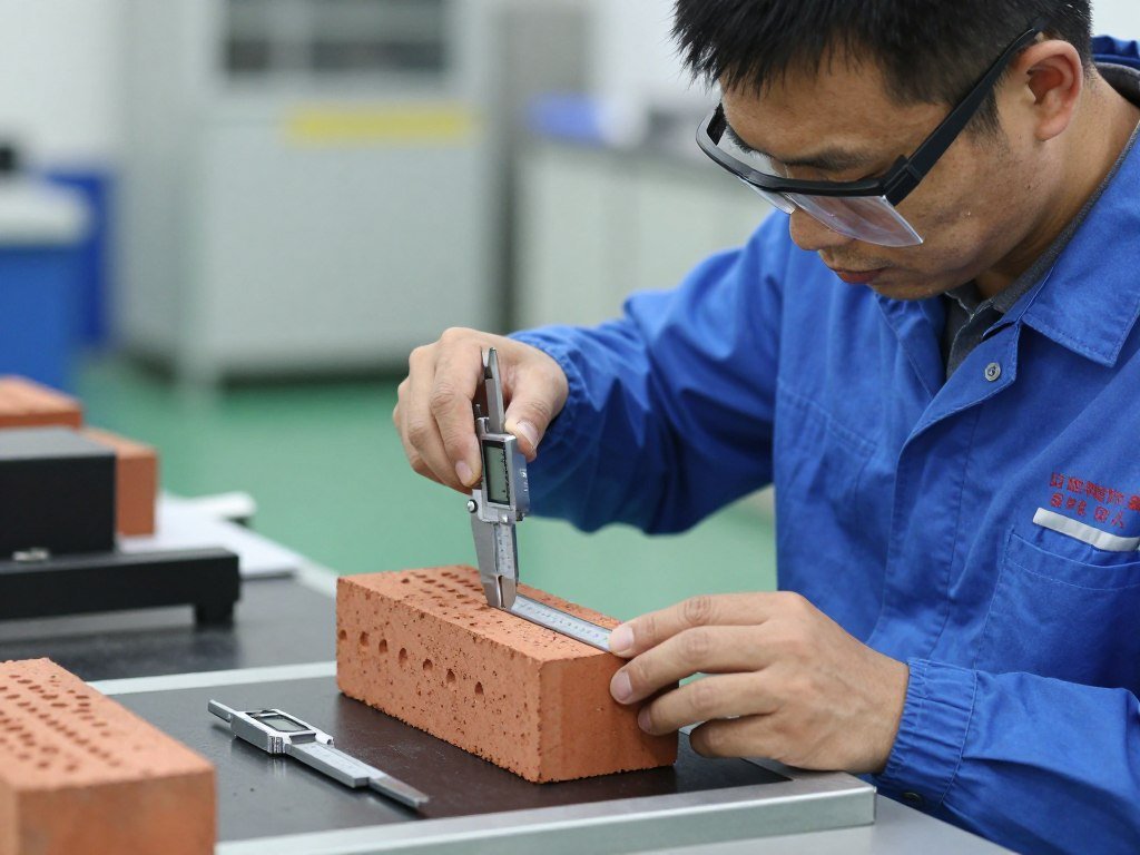 Quality control technician measuring brick dimensions with calipers Quality control technician measuring brick dimensions with calipers
