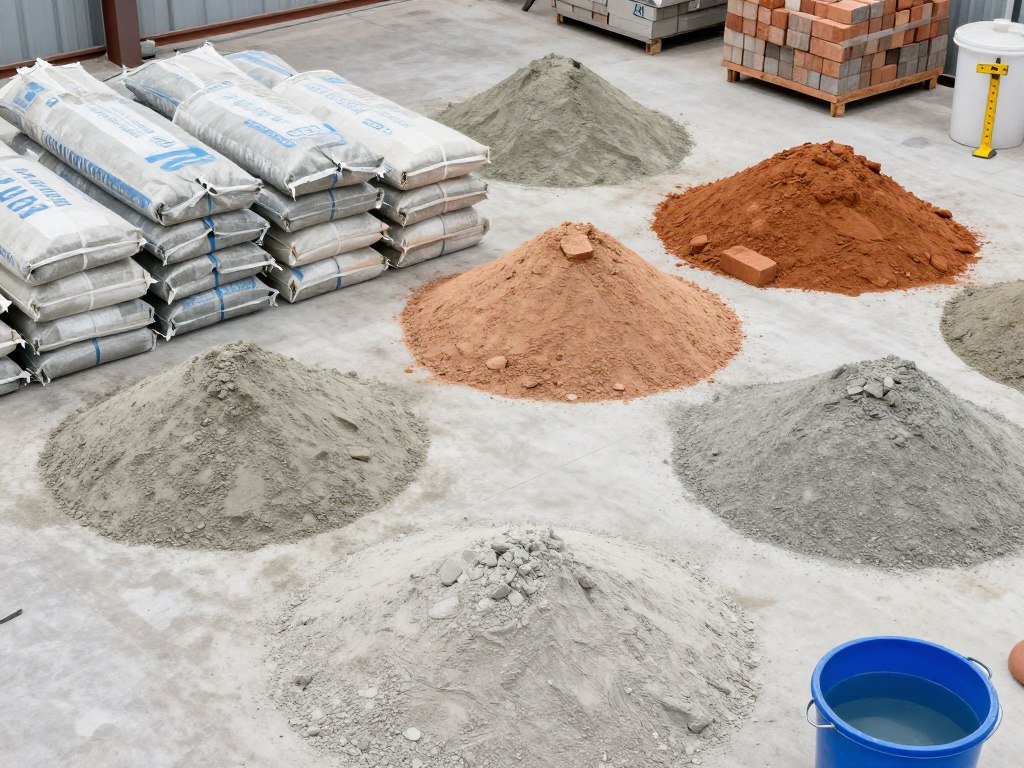 Raw materials for Mampara brick production including cement, sand, and aggregate
