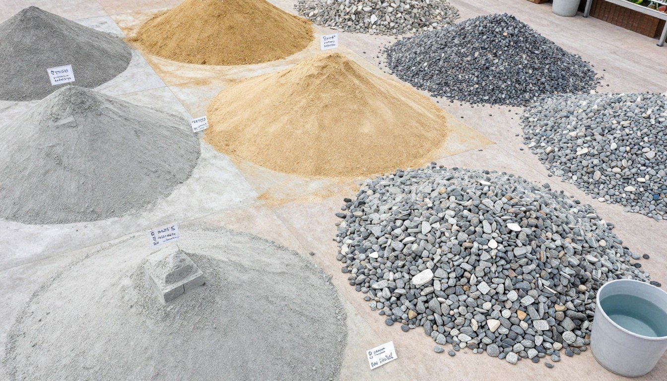 Raw materials for cement stock brick production including cement sand and aggregates