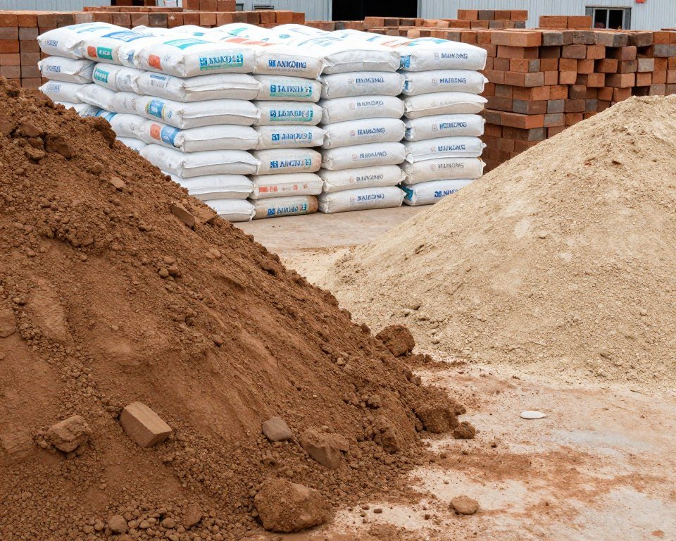 Raw materials for soil cement brick production including soil, cement bags, and sand piles Raw materials for soil cement brick production including soil, cement bags, and sand piles