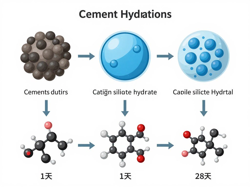 Scientific diagram showing cement hydration crystal formation process in curing cement brick