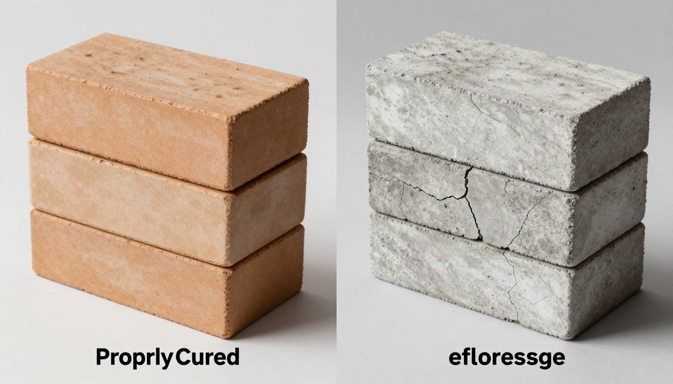 Side-by-side comparison of properly cured and improperly cured cement bricks showing quality differences