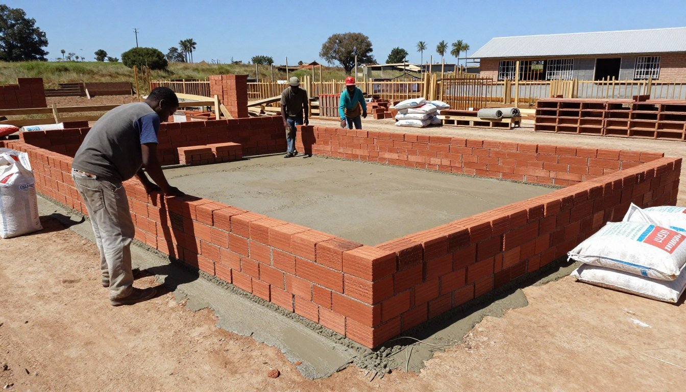 Interlocking Soil Cement Bricks: Saving on Mortar 1 South African construction site showing traditional brick laying with mortar