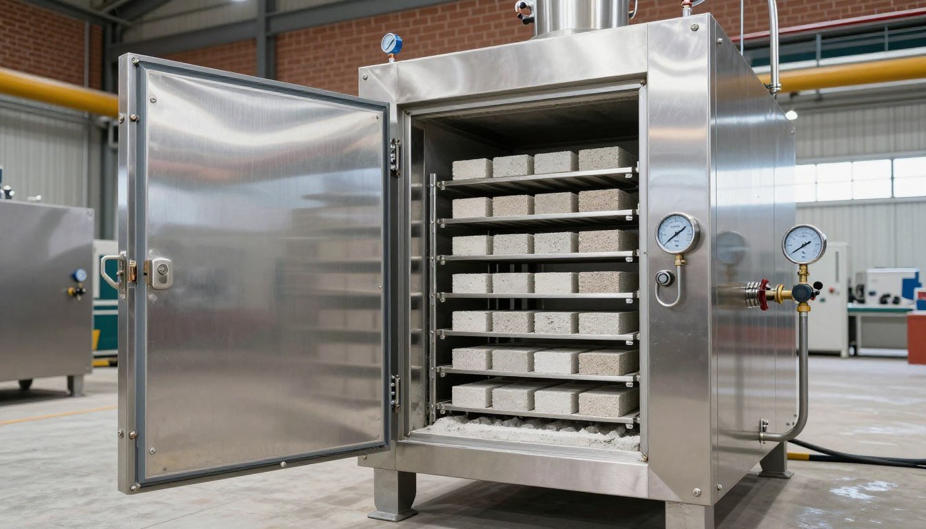 Steam curing chamber for accelerated cement brick strength development