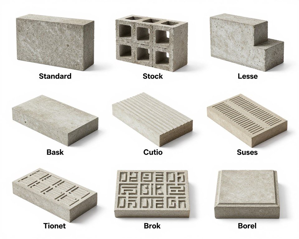 Various concrete brick types and sizes for different applications