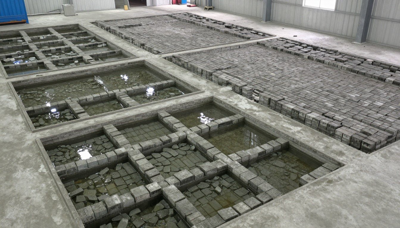 Water ponding method for curing cement bricks in factory