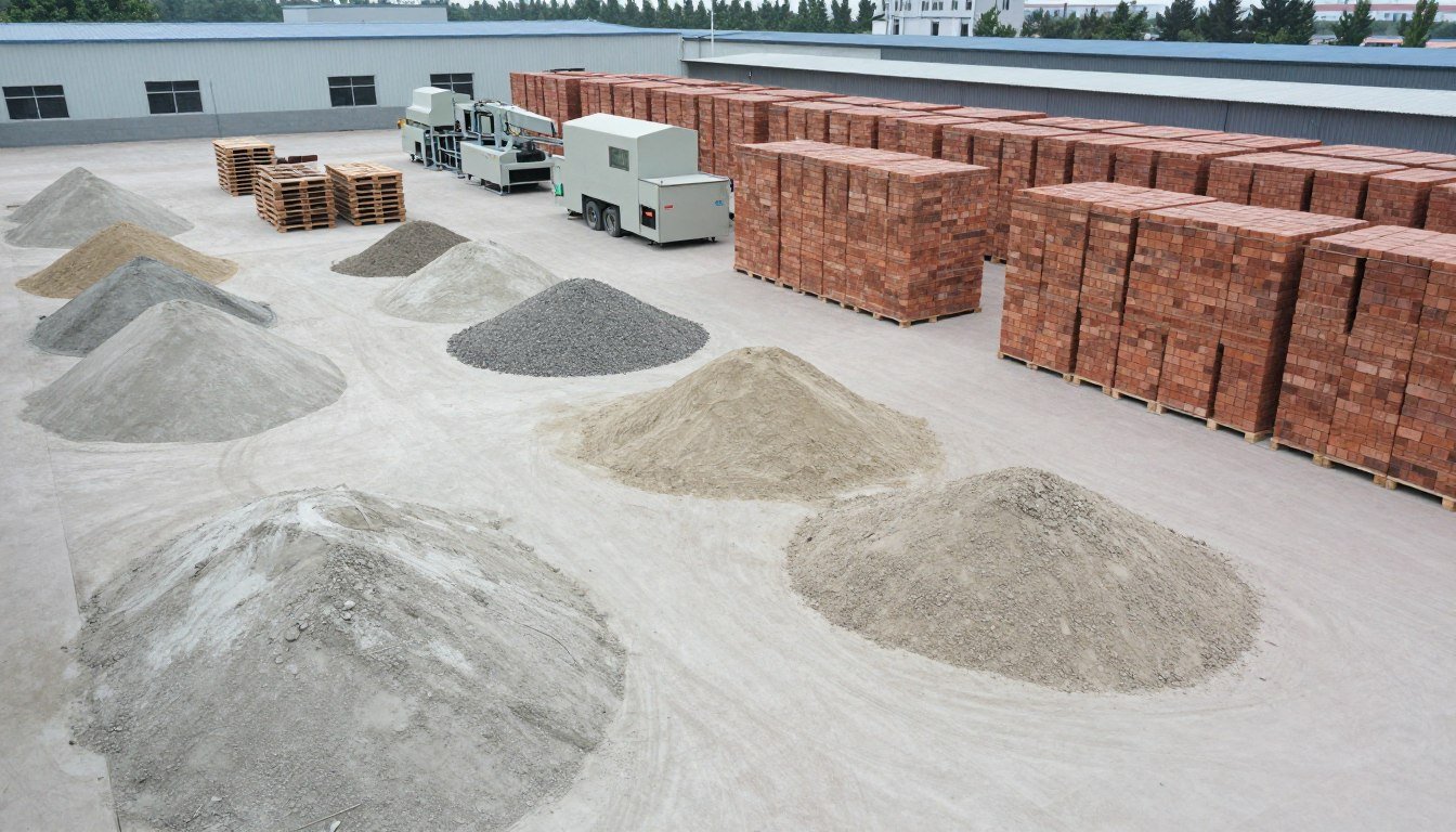 Well-organized brick production facility showing material storage and work areas