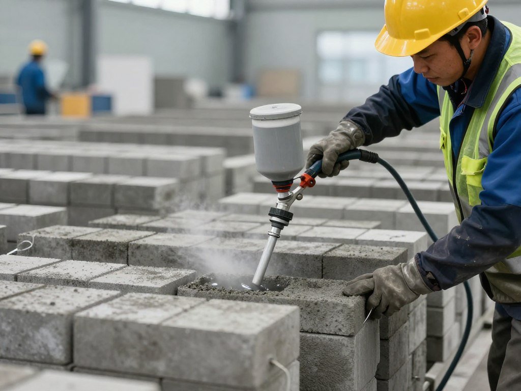 Worker applying curing compound to freshly made cement bricks Worker applying curing compound to freshly made cement bricks