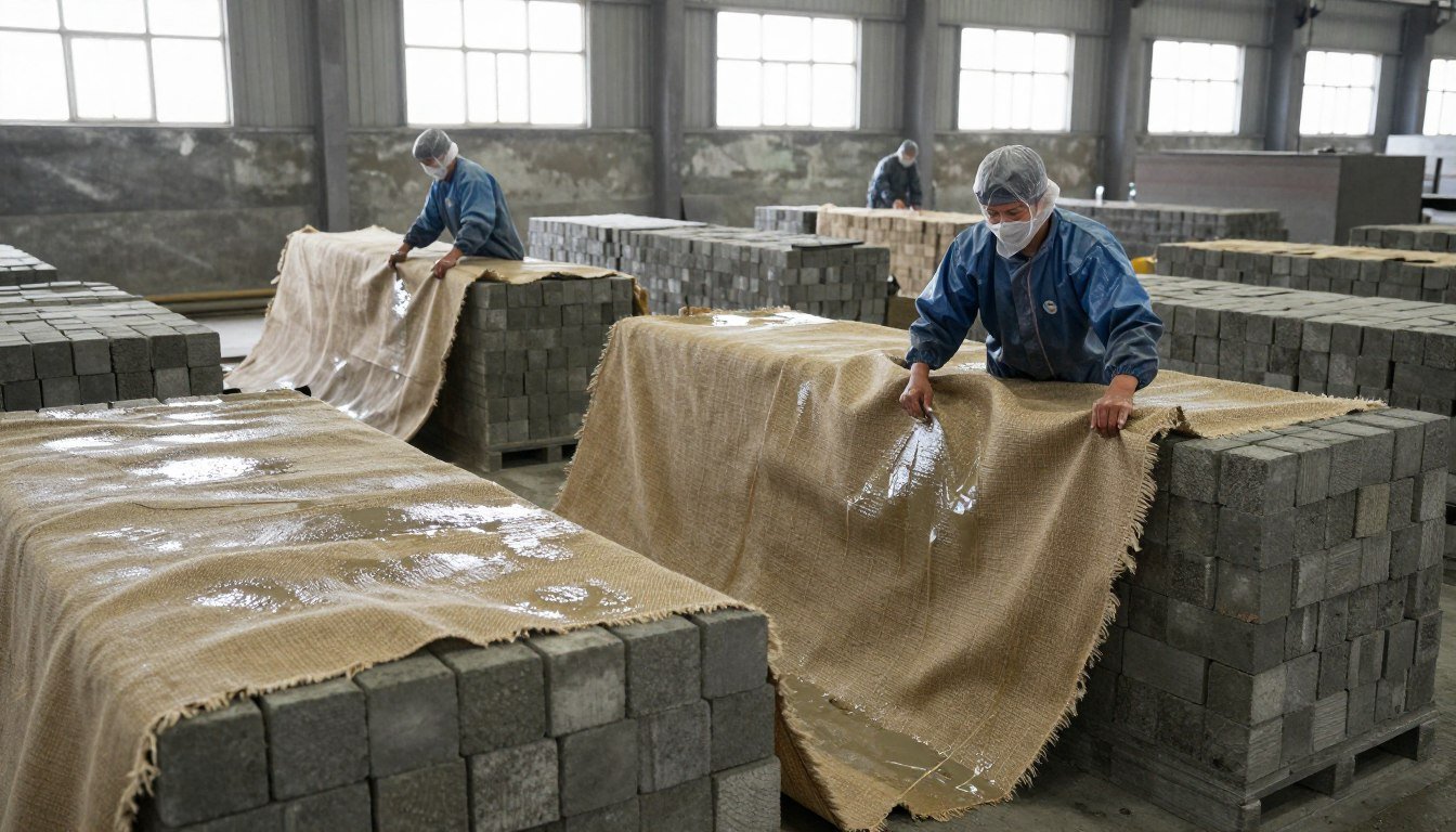 Workers applying wet burlap covering to cement brick stacks